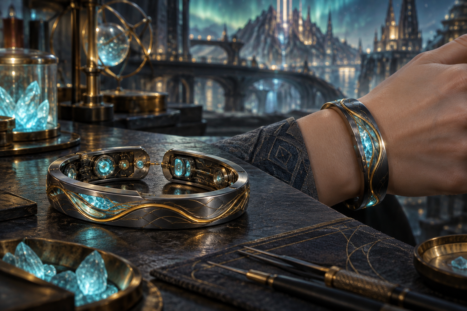 Bracelets de résonance avec capteurs et cristaux lumineux, dont un porté au poignet