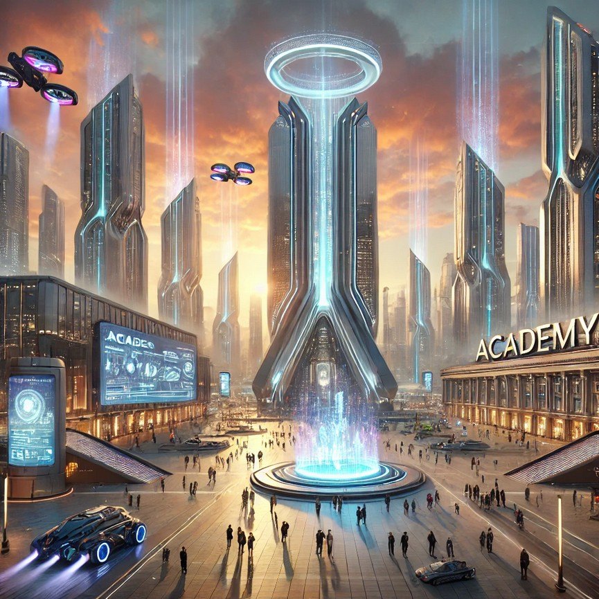Une cité futuriste dominée par des tours lumineuses
