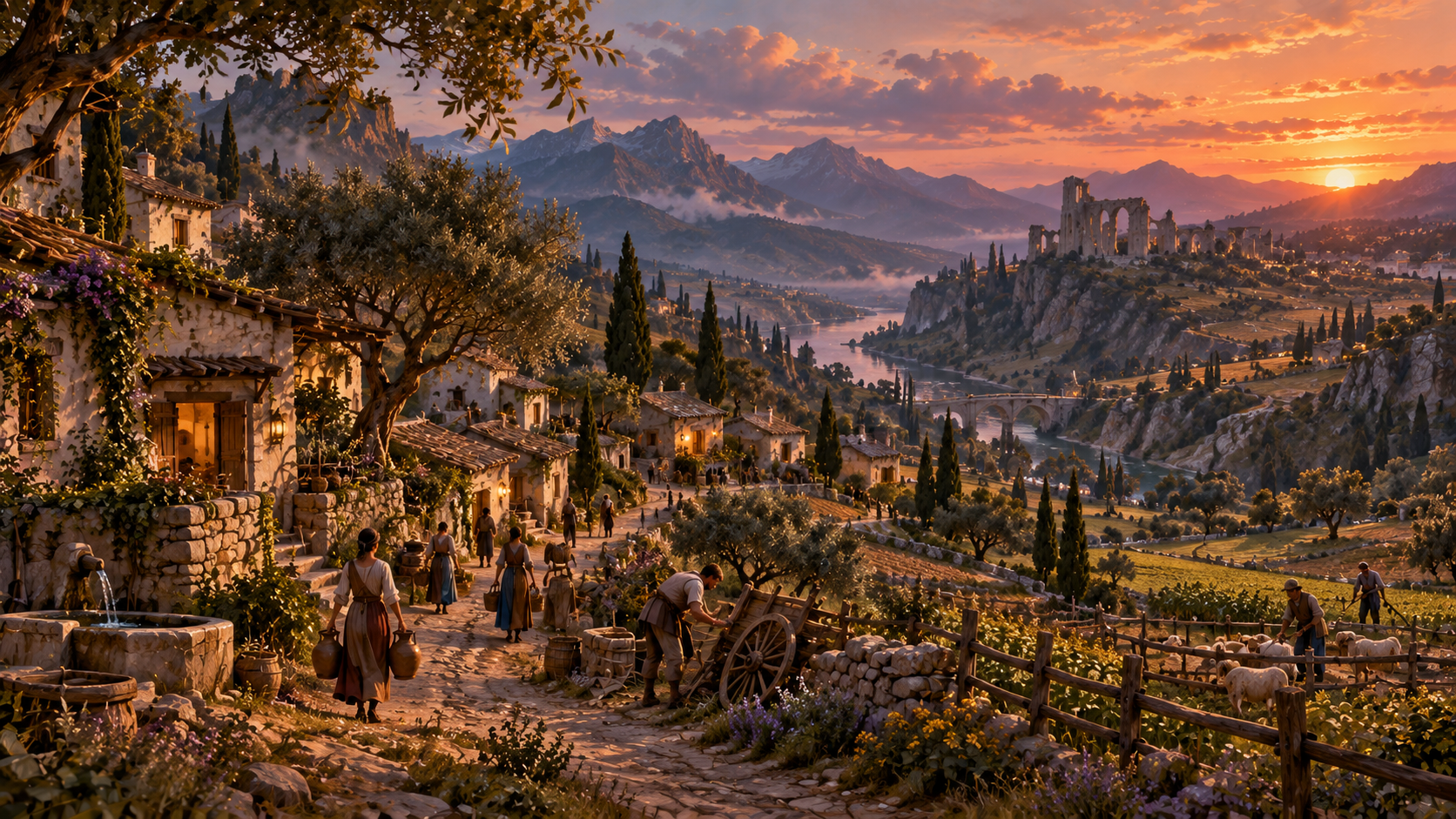 Une région rurale des Silences : maisons modestes, cultures et habitants, sans technologie de résonance